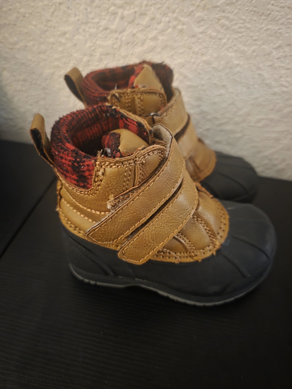 Magellan Outdoors Kids Tan and Black Insulated Snow Boots with Red Plaid Collar